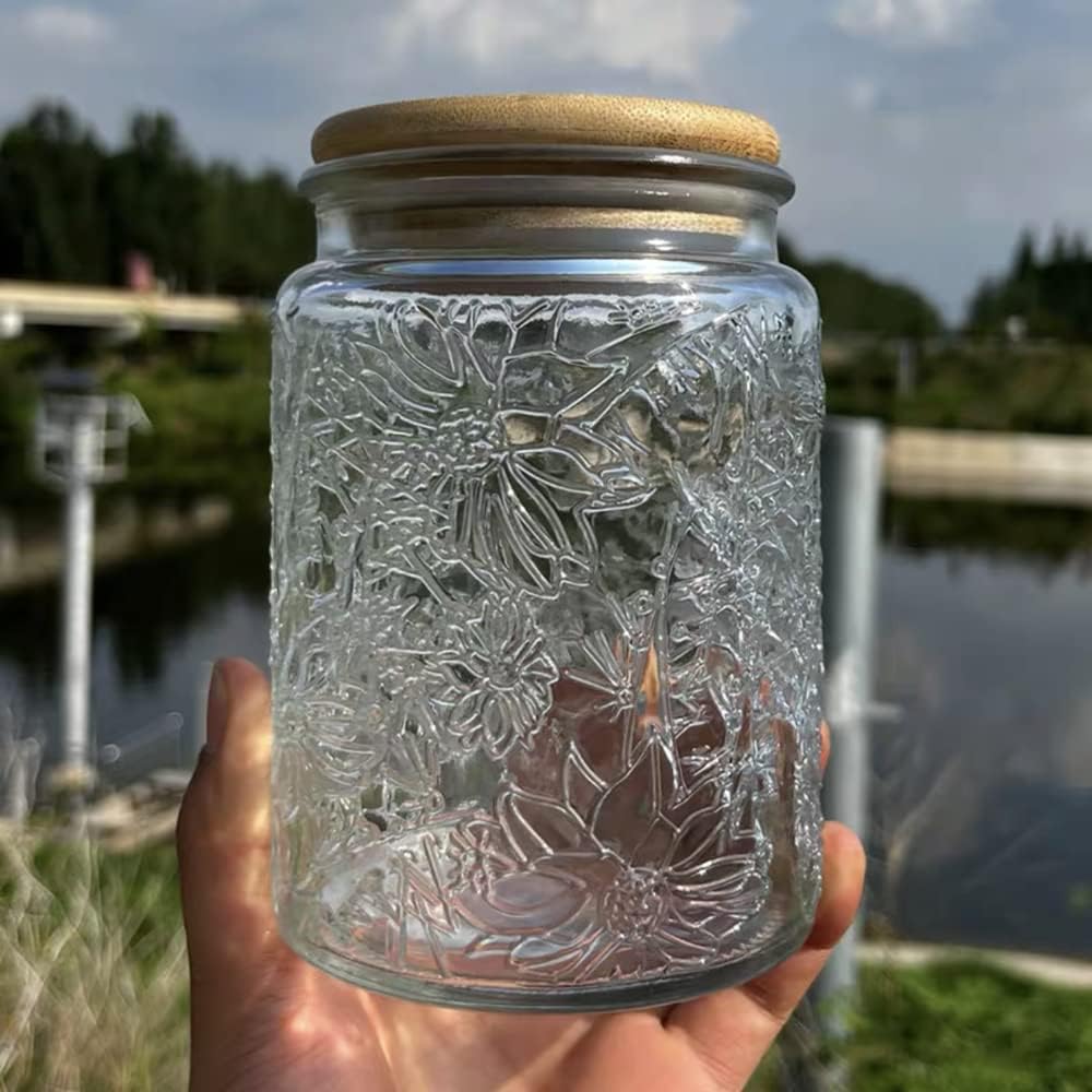 Airtight Glass Jar, Vintage Decorative Storage Jar with Bamboo Lid, Food Storage Containers for Candy Snack Cookies Coffee Tea Nuts,Kitchen Containers Cereal Canisters (Daisy & Sunflower)