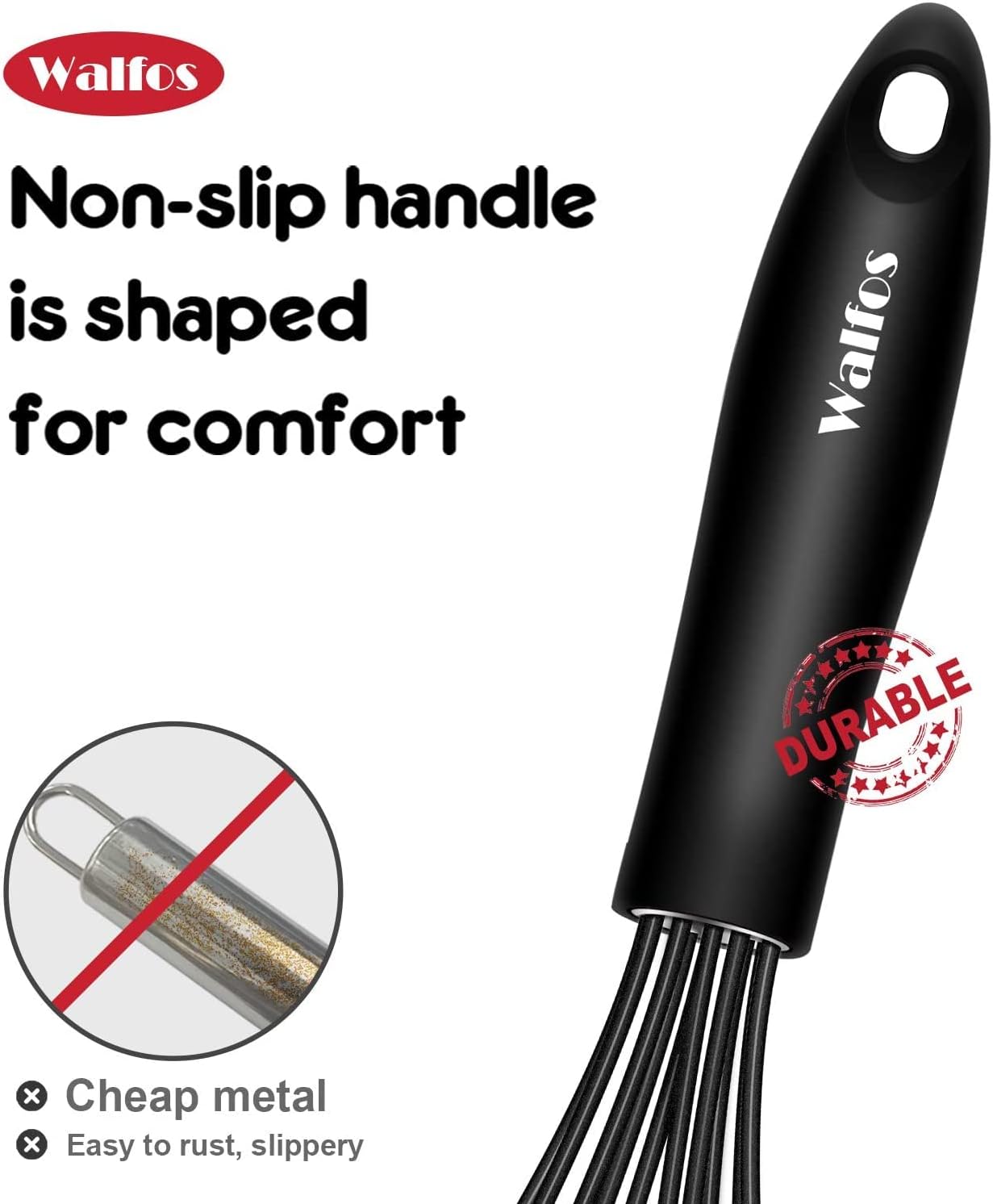 Walfos Whisk Silicone Whisks set, Non Scatch Coated Whisks for Cooking and Baking, Heavy Duty Set of 4 Kitchen Whisk - 11'' Flat Wisk and 7''+10''+12'' Balloon.