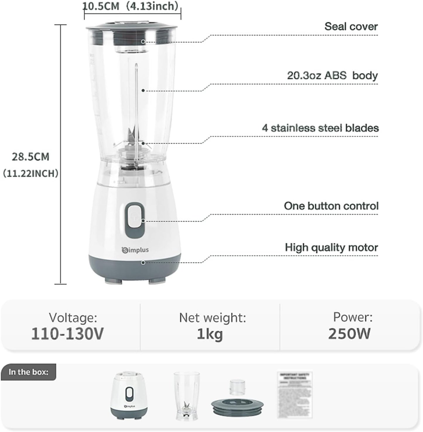 SIMPLUS Blender for Smoothies, 20 Oz BPA-Free Portable Small Blenders for Kitchen, Mini Juicer for Shakes, Protein Drinks, Baby Food, 300 Watts Blender & Food Processor, Stainless Steel Cutter, Grey