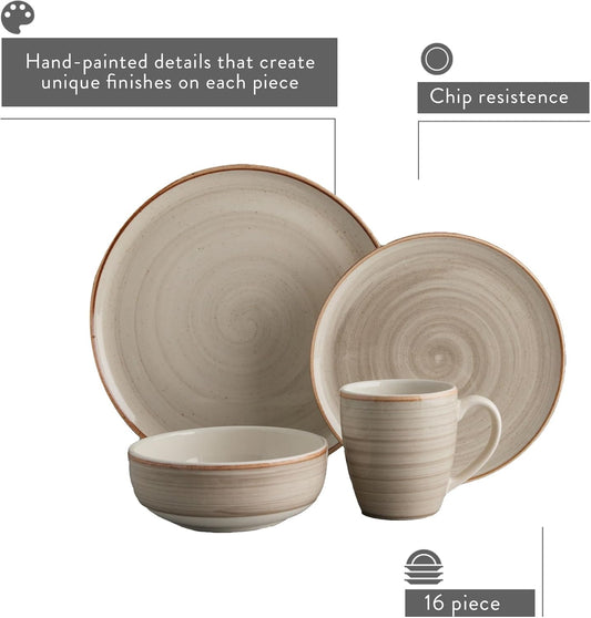 Corona 16-piece Rustic Aestethic Hand-Painted Versatile Ceramic Dinnerware Sets | Plates, Bowls and Mugs | Service For 4 | Gray Caoba