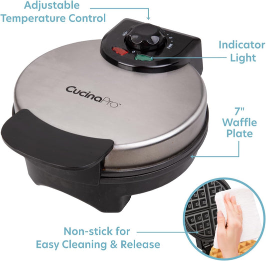 Waffle Maker by Cucina Pro- Griddle Makes 7 Inch Thin, American Style Waffles for Holiday Breakfast- NonStick Waffler Iron w Adjustable Temperature Control, Easy to Use Kitchen Essential, Xmas Gift