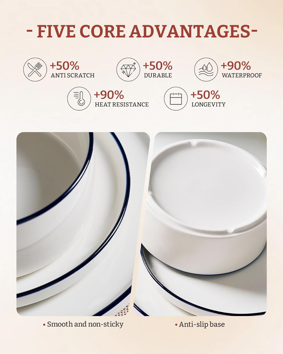 Famiware Porcelain Dinnerware Set, 24-Piece Modern Plate and Bowl Set, dish set for 8, Microwave and Dishwasher Safe Tableware, White with Blue Trim