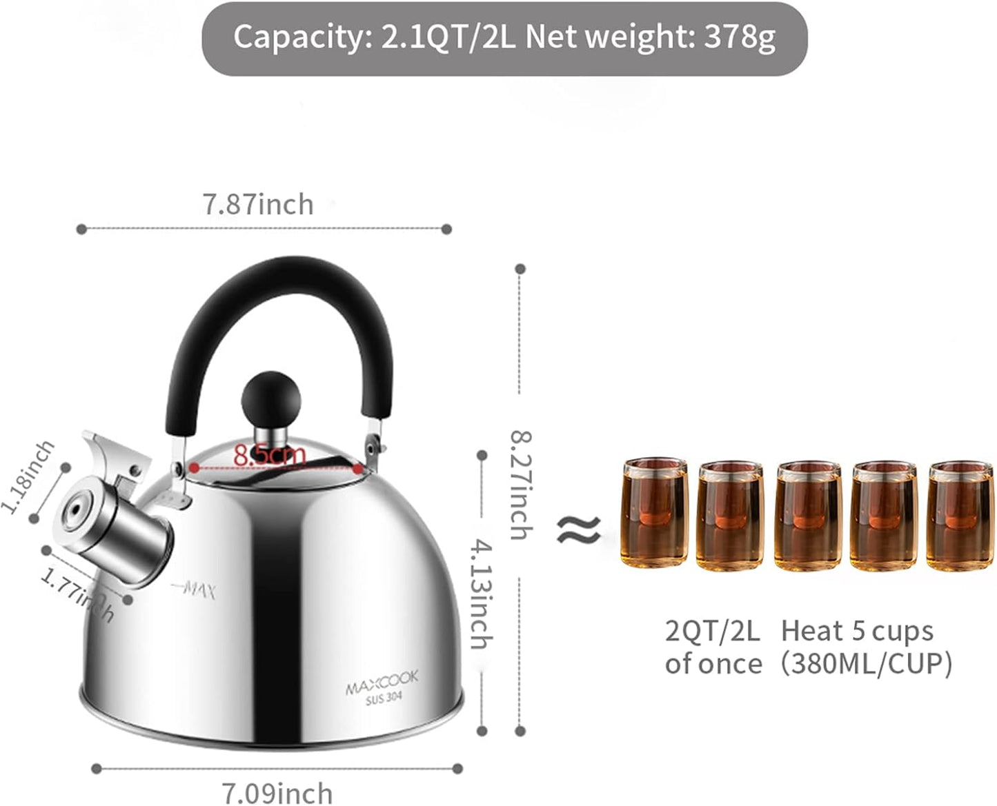 304 Stainless Steel Whistling Tea Kettle 2.1 Quart/2L, Suitable to Boiling Water & Tea on Induction Stove, Gas Stove Top