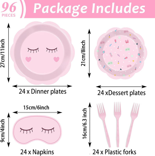 96Pcs Spa Party Decorations Spa Paper Plates Napkins Pink Sleepover Tableware Dinnerware Set Slumber Spa Party Supplies Dinner Dessert Plates for Girls Makeup Birthday Pajama Party Favors Table Decor