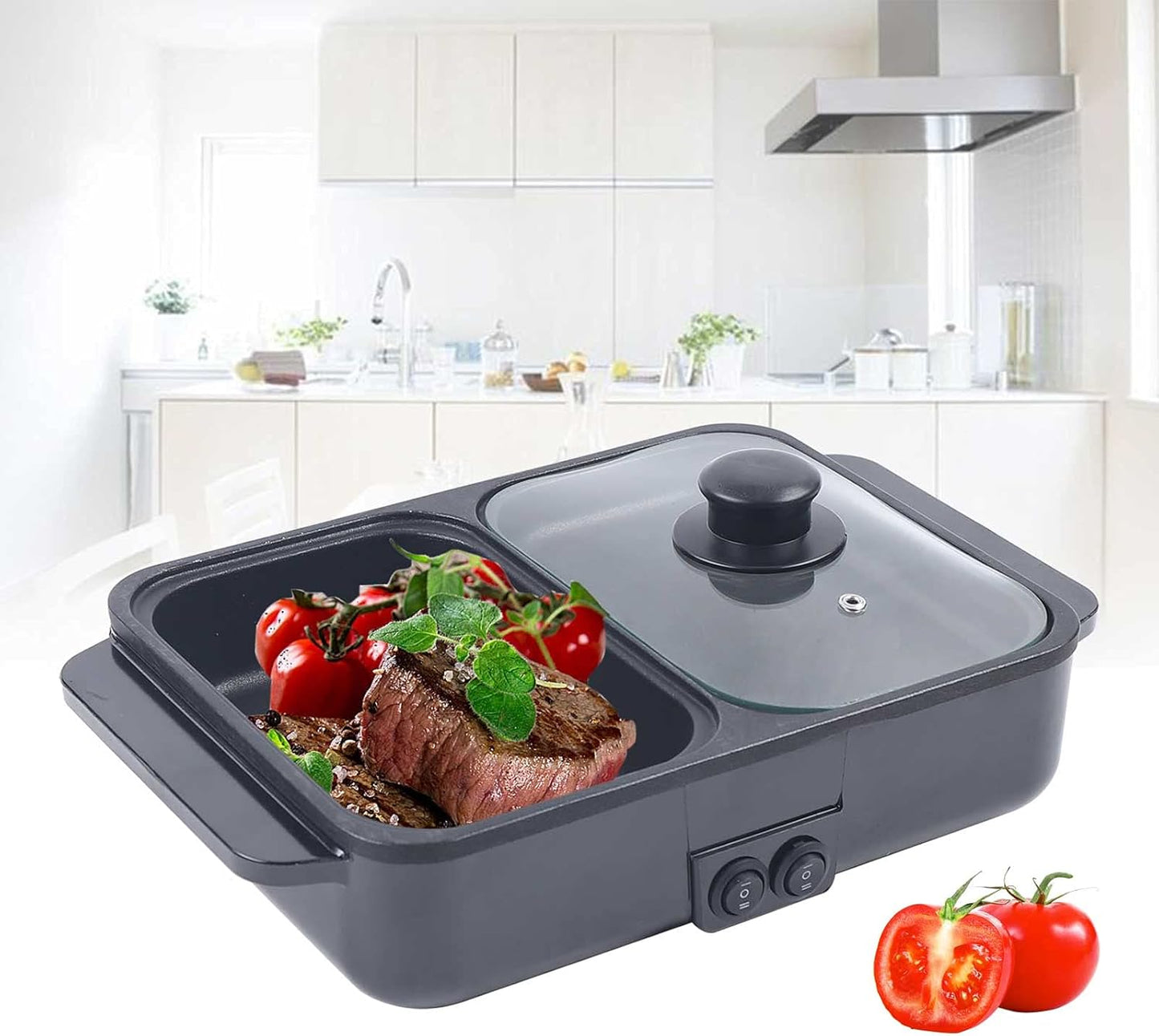 Hot Pot With Grill, Electric Hot Pot And Grill Combo 2-In-1, Independent Temperature Control, Portable Cooker&Bbq Baking Grill Pan, 1200w, For Barbecue, Frying, Soup Making, And Hot Pot