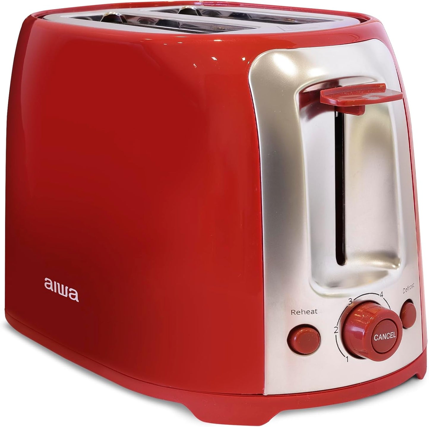 Aiwa Toaster, 2 Slice Wide Slot, Reheat and Defrost Function, 6 Browning Settings, Drop Down Crumb Tray, Red