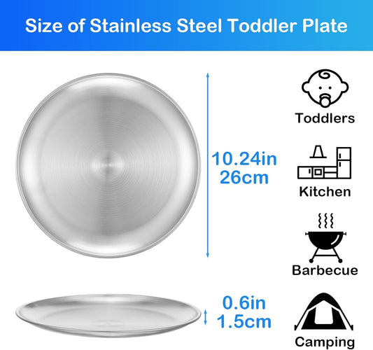 10Pcs Stainless Steel Dinner Plates, 10" Round Salad Plates, Serving Plate for Home Kichten, Outdoor Camping, Snack, Pizza and BBQ