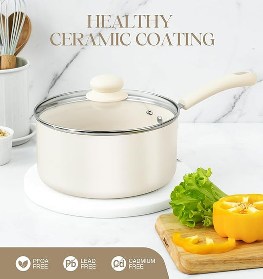 MICHELANGELO Nonstick Sauce Pan Sets, Ceramic Saucepan with Lid, Multipurpose Pot with Lid, Non-Toxic Saucepans, Induction Compatible, 2QT, White