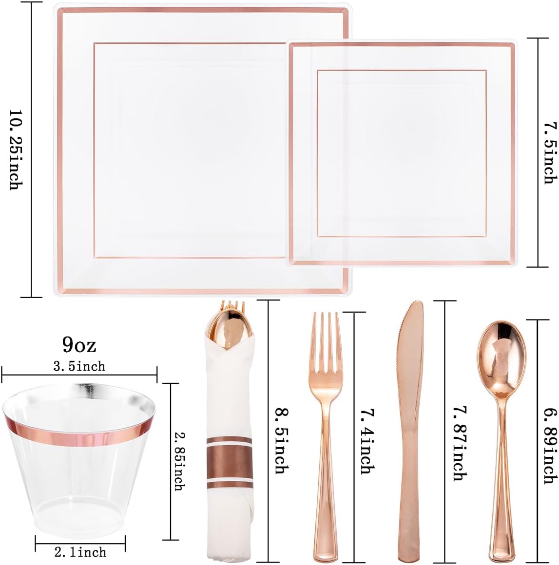 DaYammi 175 PCS Rose Gold Plastic Plates, Rose Gold Plastic Dinnerware Sets Includes: 25 Dinner Plates, 25 Salad Plates, 25 Pre Rolled Napkins with silverware 25 Cups 9 OZ, Perfect for Valentine's Day