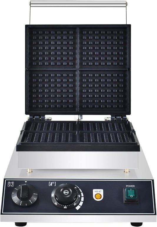 110V Commercial Square Waffle Maker ,4pcs Nonstick Electric Waffle Maker 1800W Electric Stainless Steel Belgian Waffle Machine with Temperature&Time Control for Snack Bar Home Bakeries