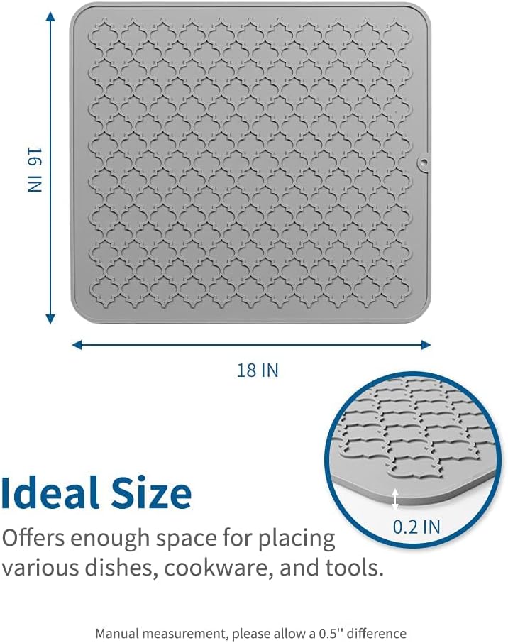 AMOAMI Dish Drying Mat,Heat-resistant,Easy Clean,Silicone Dish Drying Mats for kitchen Counter,Kitchen Gadgets Kitchen Accessories Kitchen Small Appliances (16" x 18" GREY)