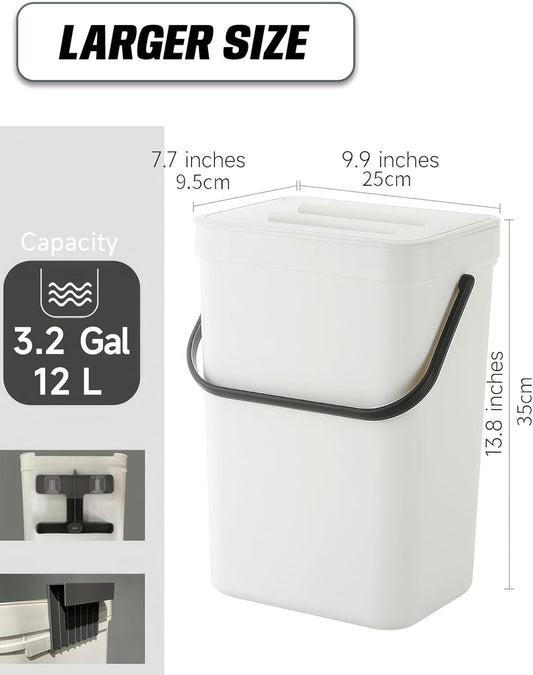 Kitchen Compost Bin - 3.2 Gallons Hanging Trash Can with Lid for Kitchen Bathroom, Under Sink Trash Can, Outdoor Compost Bucket with Lid, 12L(White)