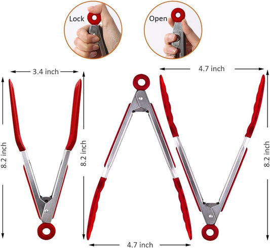 Mini Silicone Serving Tongs Set of 3, Small Kitchen Tongs (7 inch) with Silicone Tips and Stainless Steel Handle, Small Tongs for Steaks, Salads, Vegetables(Red)
