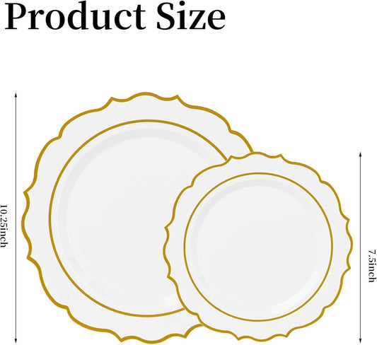 120PCS White Plastic Plates, Disposable Party Plates with Gold Rim, Heavy Duty 60 Dinner and 60 Dessert Fancy Plate for Party and Wedding