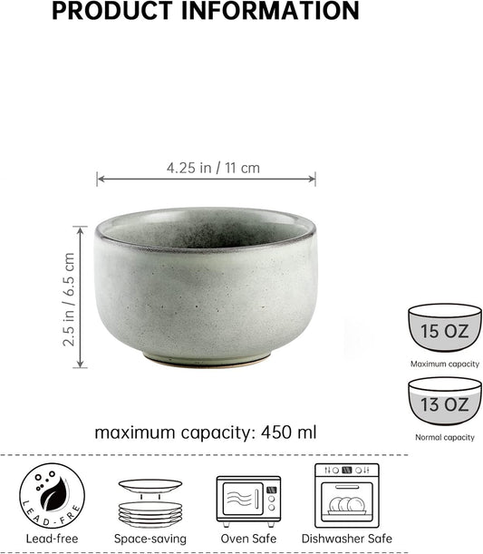 Henten Home Ceramic Salad Bowl Set, 15 OZ Cereal Bowls Set of 4, Porcelain Rice Bowls for Kitchen, Reactive Glaze Serving Soup Bowls for Snack, Pasta, Microwave Safe (Grey)
