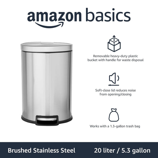 Amazon Basics Round Cylindrical Home Office Trash Can With Soft-Close Foot Pedal, 20 l /5.3 gallon, Brushed Stainless Steel