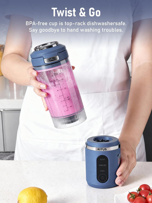 RITUS VORTEX Pro Portable Blender,Personal Blender w/Removable Vessel-for-Smoothies Blend Ice Crush 3 Programs,Cordless 20oz BPA Free Vessel Magnetic-Ring Dishwasher Safe, Leakproof,Navy