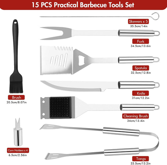 Grilling Accessories, BBQ Accessories, 15Pcs Grill Set, Grill Tools, Grill Accessories with Carrying Bag, Stainless Steel Grill Utensils Set, Grill Kit for Outdoor Camping, Grill Gifts for Men Father