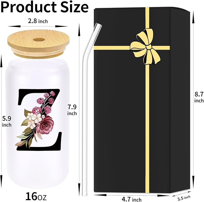 Monogrammed Glass Drinking Cup With Lid Straw Women Men Teacher Gifts Female Male Preschool Kindergarten Pre K Prek Middle High School First Year 1st 2nd 3rd 4th 5th Grade,Z