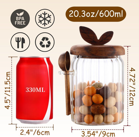 ANSQU 2 Pack Glass Jars with Wooden Lids and Spoons, 20.3oz Food Storage Containers Coffee Jar Coffee Grounds Container, Glass Food Storage Canister