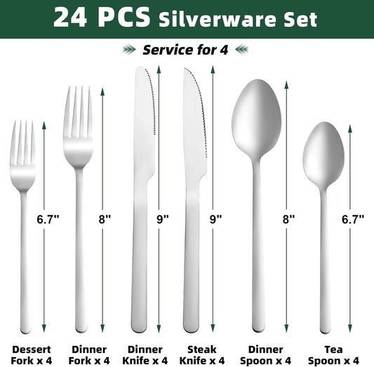 24 Pcs Silverware Set with Steak Knives, Stainless Steel Flatware Set for 4, Food-Grade Cutlery Set, Mirror Polished Tableware Eating Utensils Set for Kitchen, Knife Fork Spoon Set, Dishwasher Safe