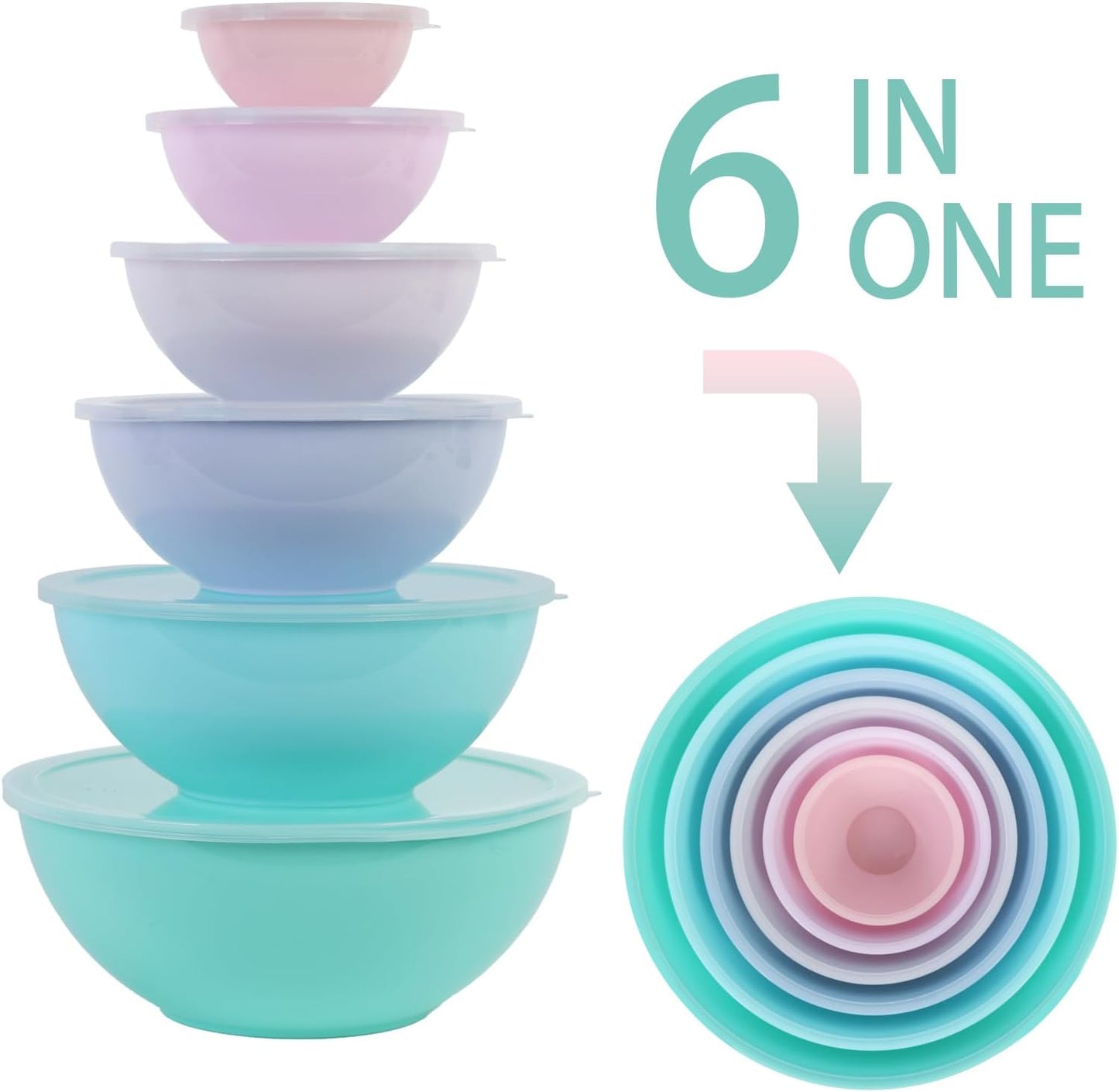BoxedHome BPA Free Plastic Round Mixing Bowl with Lids, 12 Pack Nesting Bowls with Lids Set, Microwave and Dishwasher Safe Prep & Serving Bowls Great for Mixing, Baking, Serving (pinkish green, 12pcs)