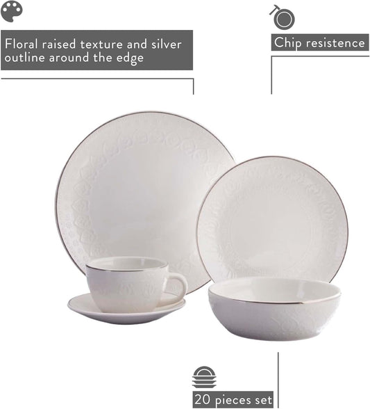 Corona 20–piece Silver-Rim Elegant Embossed Floral Pattern Ceramic Dinnerware Sets, Plates Bowls and Cups, Service For 4, Harmony