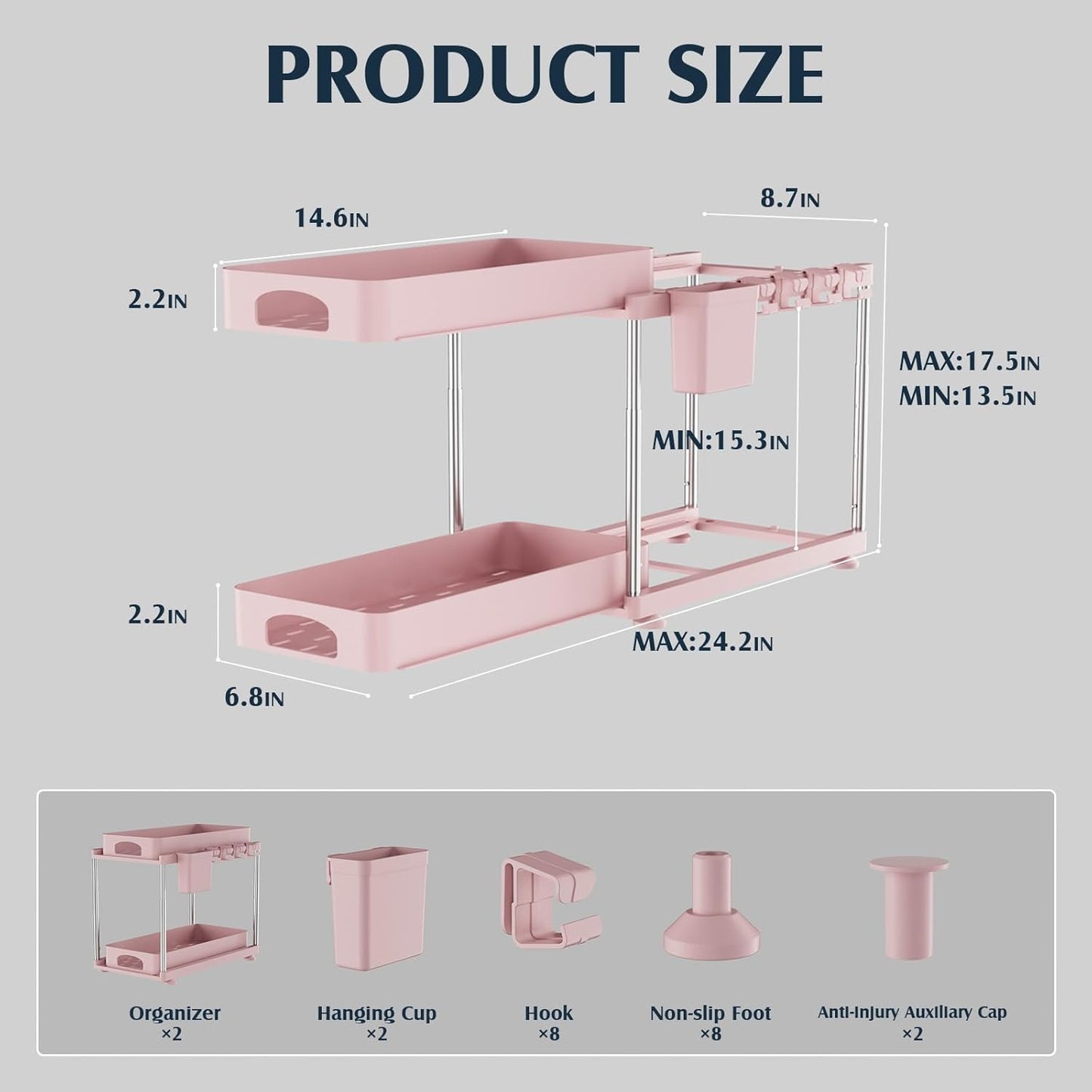 Under Sink Organizer, 2 Pack Kitchen and Bathroom Cabinet Organizer, 2 Tier Adjustable Height Storage, Pink