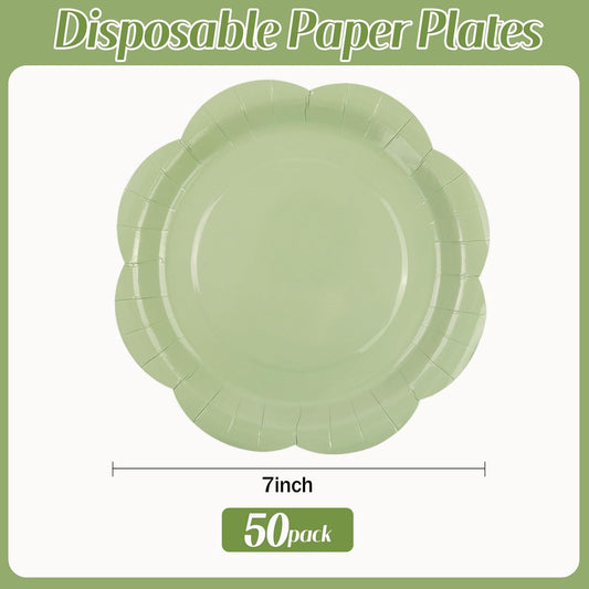 50 Pack Sage Green Paper Plates 7 Inch, Disposable Scalloped Plates Cake Dessert Plate for Dinner Baby Shower Wedding Bridal Shower Birthday Party Supplies (Sage Green, 7 inch)