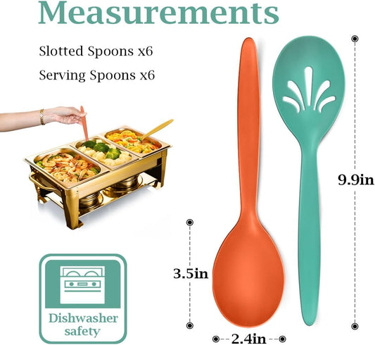 12 Pcs 10" Large Plastic Wheat Straw Serving Spoons Set, Serving Spoons & Slotted Spoons, Kitchen Mixing Serving Spoon for Party Buffet Catering (Orange/Yellow/Green, Not for Cooking)