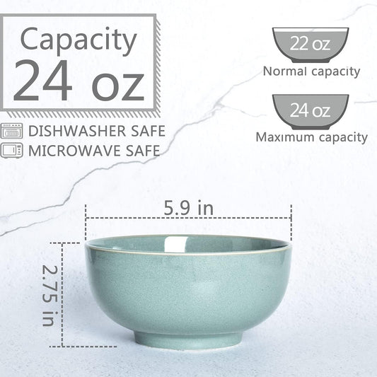 Bosmarlin Ceramic Soup Bowl Set of 4, 24 Oz, Cereal Bowl for Oatmeal, Dishwasher and Microwave Safe (5.75 Inches, Sage Green)