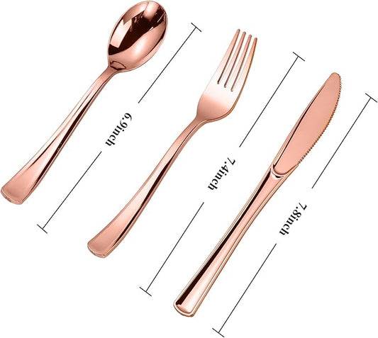 N9R 300PCS Rose Gold Plastic Silverware, Heavy Duty Plastic Cutlery Set, Disposable Rose Gold Utensils Include 100 Forks, 100 Spoons, 100 Knives, Perfect for Party Decorations