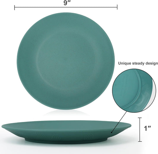 Homienly Flat Dinner Plates Set of 8 Alternative for Plastic Plates Microwave and Dishwasher Safe Wheat Straw Plates for Kitchen Unbreakable Kids Plates with Pattern (Multi, 9 inch), MS 01