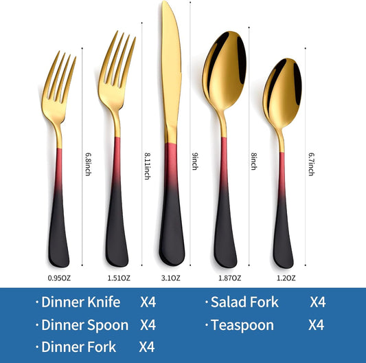 20-Piece Black Red Gold Silverware Set, 18/0 Stainless Steel Colorful Handle Flatware Set,Service for 4,Modern Cutlery Set Includes Dinner Knives Forks Spoons,Mirror Polished,Dishwasher Safe