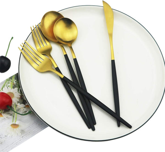 40-Pieces Silverware Set, Flatware Sets Satin Finish, 304 Stainless Steel Utensils Dishwasher Safe Service for 8, Include Dinner Knife/Fork/Spoon Dinnerware Sets (Matte Black Gold)