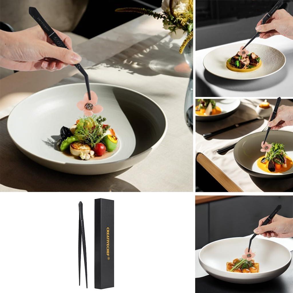 CREATIVECHEF 10" Chef Tweezer Tongs, Professional Kitchen Tweezers, 10 inch Straight Precision Tweezer Tongs for Cooking, BBQ, Plating, Stainless Steel, Black (1)