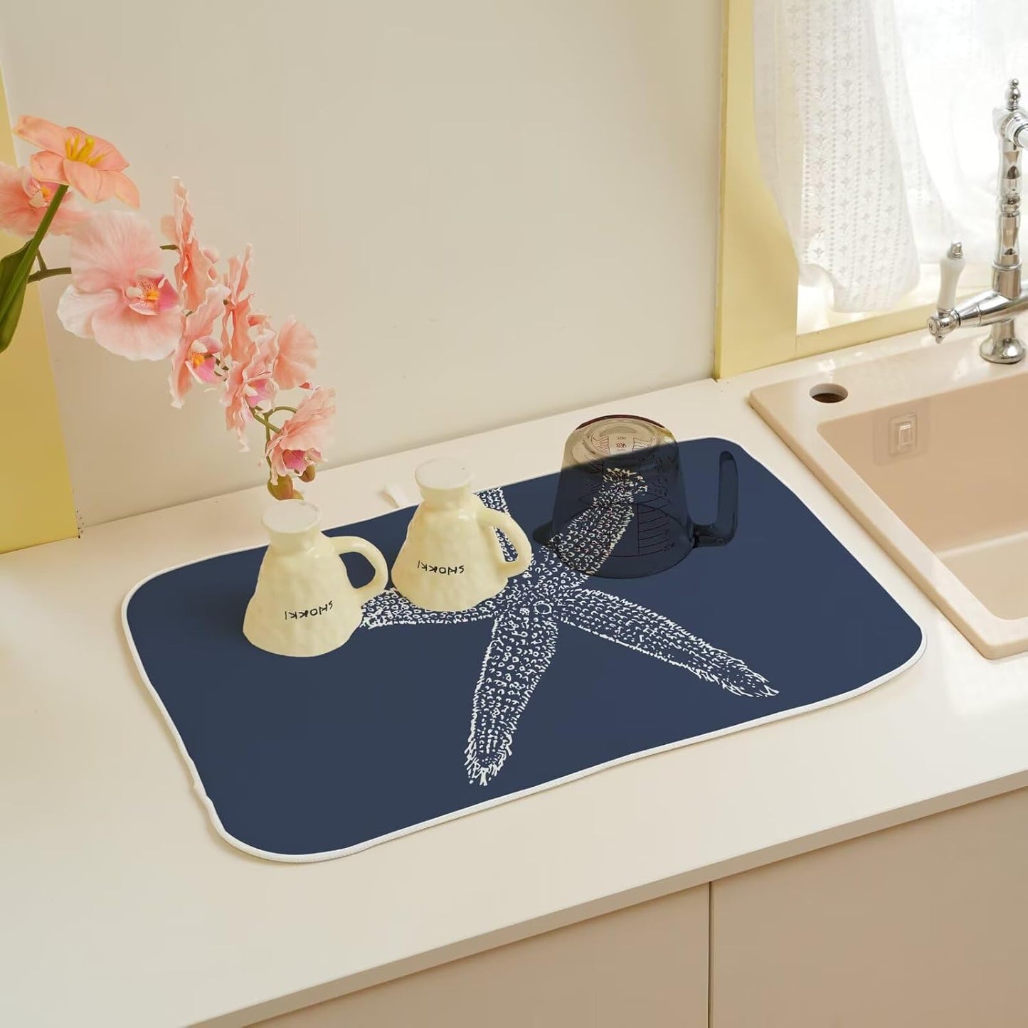Coastal Beach Dish Drying Mat 18 x 24 inch, Summer Navy Blue Starfish Decorative Drying Mats Microfiber Absorbent Dish Washable Draining Mat for Kitchen Counter Decor