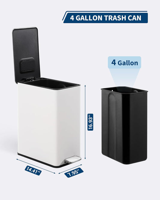 4 Gallon Stainless Steel Trash Can with Soft Close Lid, Step-on Bathroom & Kitchen Garbage Bin, Compact Slim Design with Removable Inner Bucket for Office, Living Room