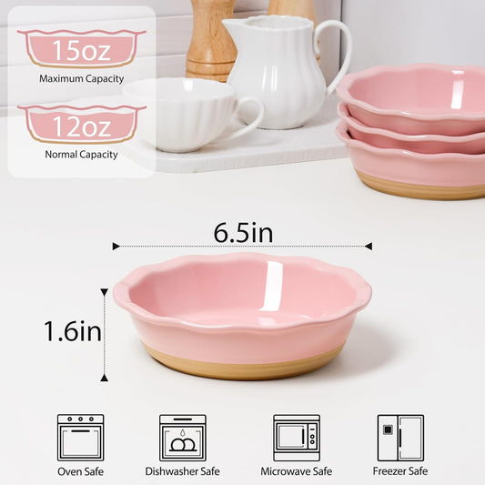 NUTRIUPS Small Pie Pans Set of 4, 6.5 Inch Ceramic Mini Pot Pie Baking Dishes, Oven Safe (6.5in, Pink, 4PCS)