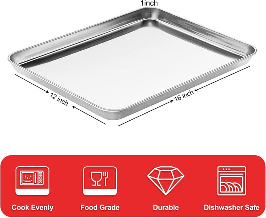 Stainless Steel Baking Sheet Cookie Tray, Cookie Sheet for Toaster Oven Baking Pan Tray, Jelly Roll Pan Size 16 x 12 x 1 Inch Easy Clean & Non-stick & Non-toxic & Dishwasher Safe