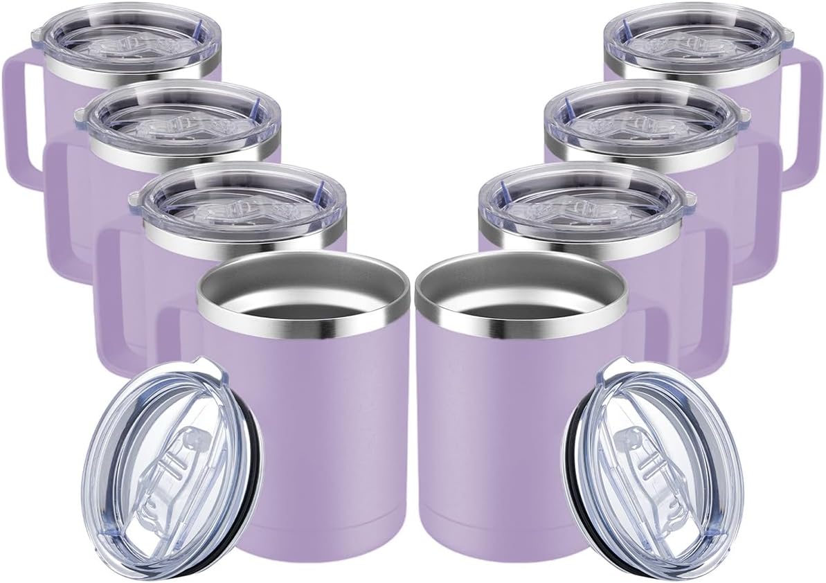 MEWAY 12oz Coffee Mug With Handle and Sliding Lid,Stainless Steel Travel Tumbler Cup with Handle,Double Wall Vacuum Insulated Camping Cup for Hot & Cold Drinks Tea (Lilac,Set of 8)