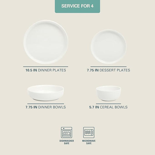 Gibson Home Oslo Porcelain Chip and Scratch Resistant Dinnerware Set, Service for 4 (16pcs), Ceramic Plates and Bowls Dishes Sets, White - Microwave and Dishwasher Safe