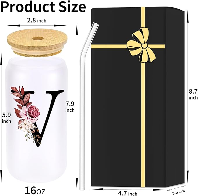 Monogrammed Glass Drinking Cup With Lid Straw Women Men Teacher Christmas Gifts Math Biology Piano Future Mentor Speech Substitute Ballet Drama Guitar Yoga Montessori Physics Chemistry Band,V