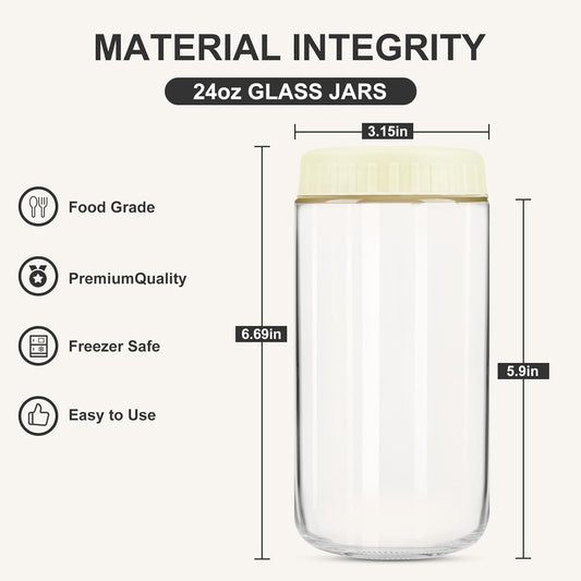 Overnight Oats Containers with Lids, 24oz Glass Jars with Lids 2 pcs, Milk White, Wide Mouth Mason jars for Salad, Yogurt, Snacks, Meal Prep
