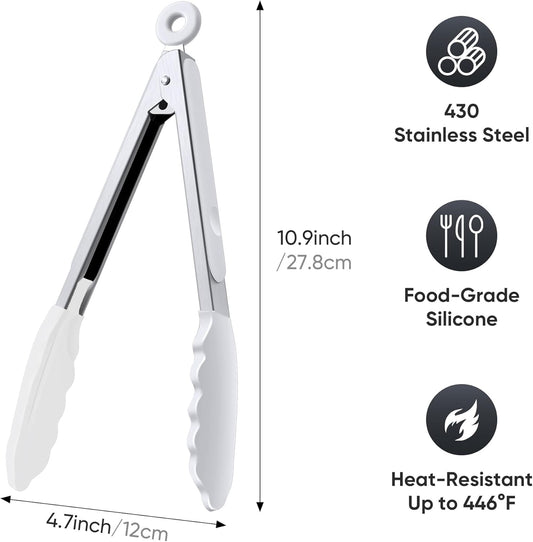 9 Inch Kitchen Tongs, Cooking Tongs with Silicone Tips and Stainless Steel Handle, Non Stick Heat Resistant Tongs for Cooking, Buffet, Salad Serving (9", White)