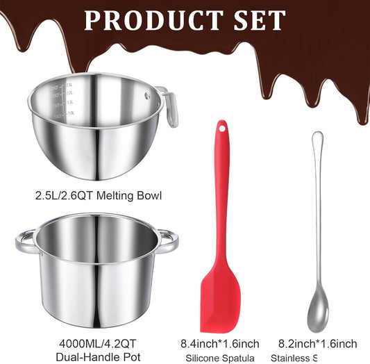 304 Stainless Steel Double Boiler Set - 2.6QT Melting Bowl with Scale and Handle - 4.2QT Dual-Handle Pot - Stackable Water Bath Melting Pot Set for Butter, Chocolate, Wax, Sugar, Candle