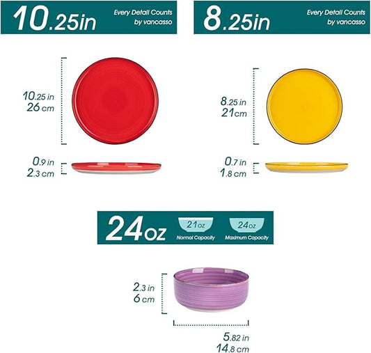 vancasso Bonita Stoneware Dinnerware Sets, 12 Pieces Dishes Set,Polished Round Plates and Bowls Set for 4, Dishwasher and Microwave Safe, Multicolor