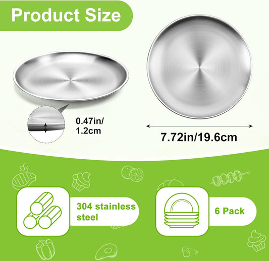 Jeffbaubl 6 Pack Stainless Steel Plates,7.8 Inch Round Salad Plates, Unbreakable Metal 304 Dinner Dishes,Lightweight Feeding Serving Camping Plate, Reusable and Dishwasher Safe
