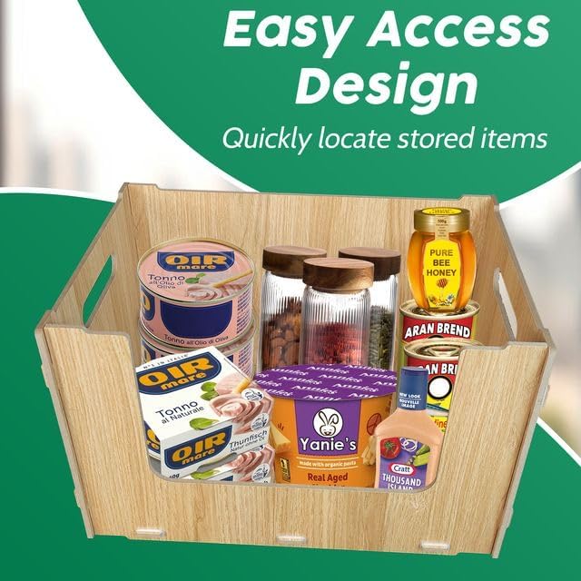 TidyFriend Wooden Stackable Storage Bins for Pantry Organizers and Storage 4 Pack, Pantry Storage for Food, Kitchen and Home Organization (Wood)