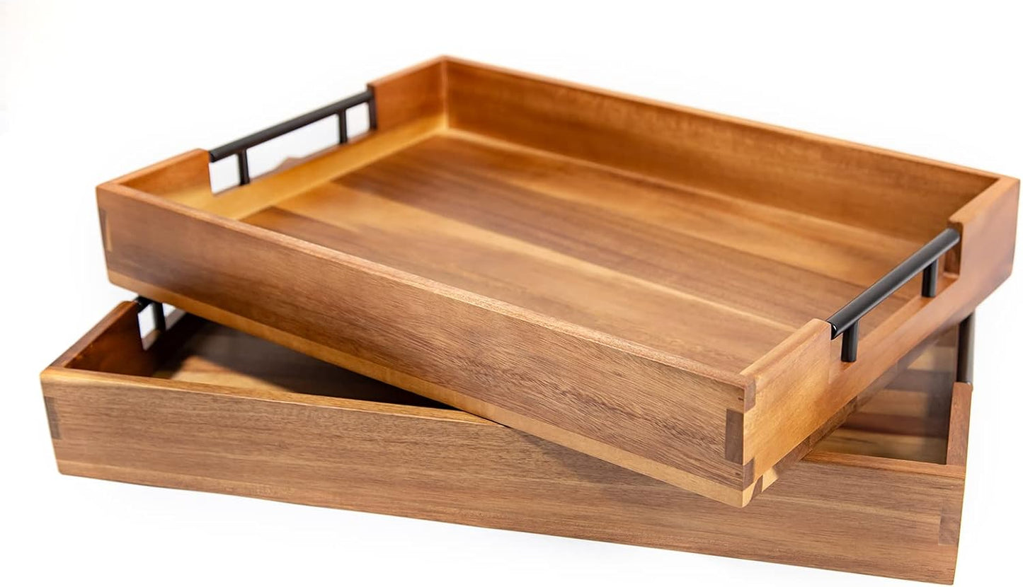 2PCS Large Wooden Ottoman Tray Rectangle Trays for Big Ottoman Counter Huge Kitchen Wood Serving Trays with Handles, Decorative Tray for Living Room Premium Acacia Wood Tray(20.1'' + 18.1'')